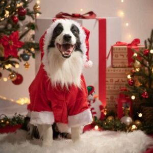 Photo Gallery 10 Happy pet dog wearing Christmas dress sitting in front of a Christmas tree